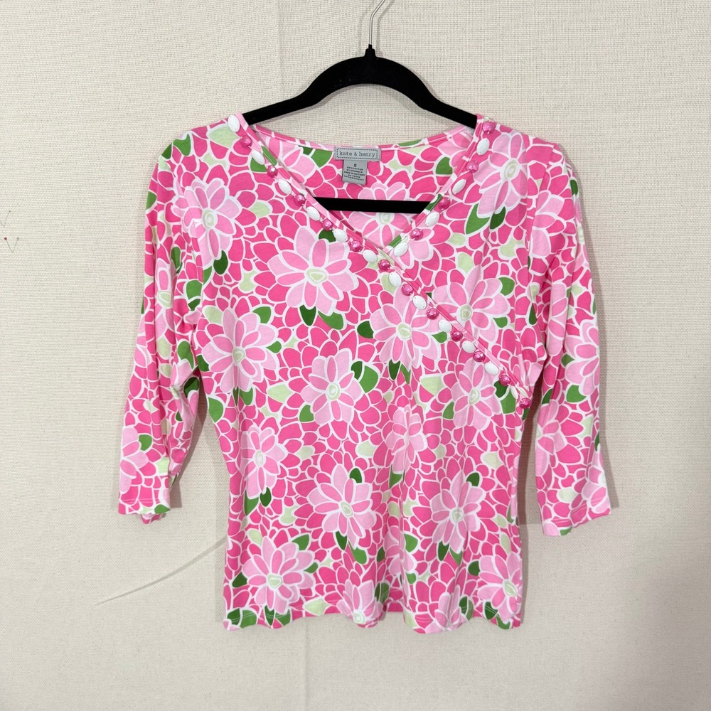 Kate & Henry Pink Floral Beaded Neckline 3/4 Sleeve Top Small 5W3217